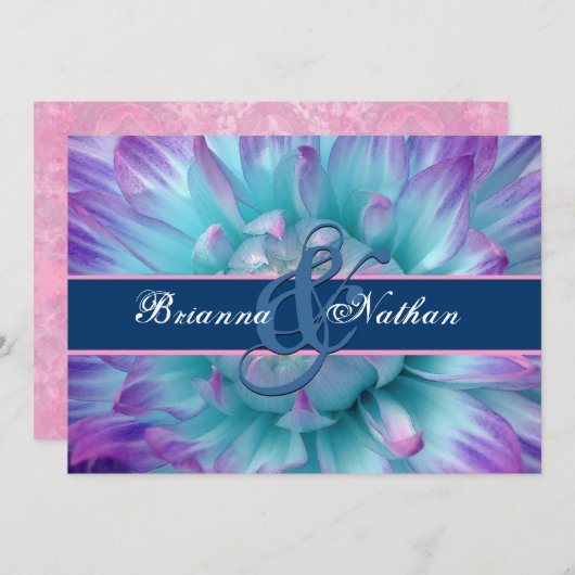 アクア&パープルフラワー花びら&リ結婚ボンズ 招待状 (正面/裏面)