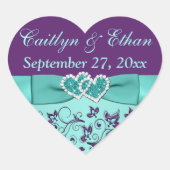 アクア、パープルフローラ、ハート結婚式の引き出物シール ハートシール (正面)