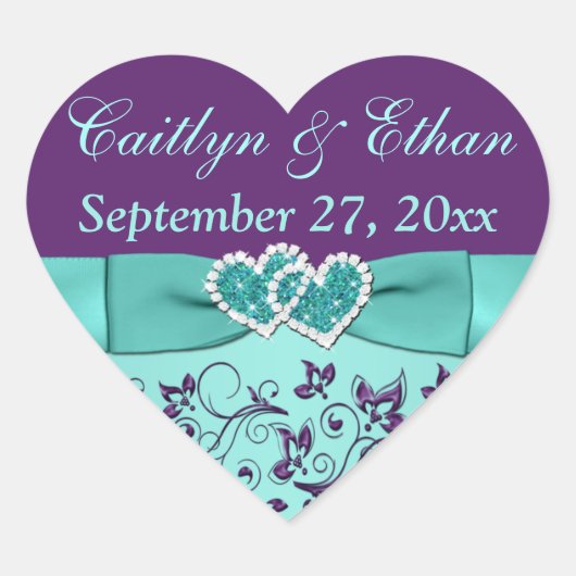 アクア、パープルフローラ、ハート結婚式の引き出物シール ハートシール (正面)