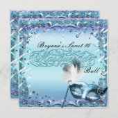 アクア&パープルマスカレードマスクバースデーパーティー 招待状 (正面/裏面)