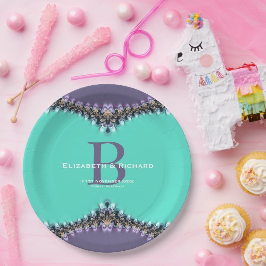 アクア&パープルレース結婚の土産プレート ペーパープレート (パーティー)