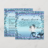 アクア&パープル・マスカレード・マスク・バースデー・パーティー 招待状 (正面/裏面)