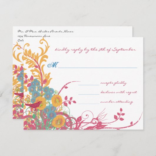 アクア ビーズワックス ラズベリー ワイルド フラワー バード ウェディング 招待状 (正面/裏面)