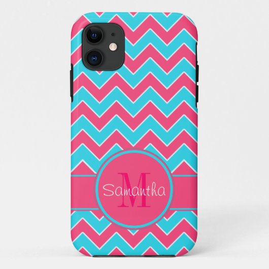 アクア&ピンクシェブロンパターンカスタムモノグラム Case-Mate iPhoneケース (裏面)