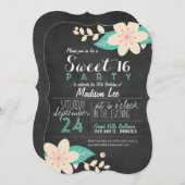 アクア&ピンクフローラシャルボードスウィート16パーティー 招待状 (正面/裏面)