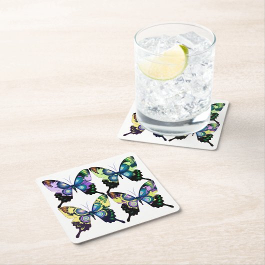 アクア、ピンク、黄色 – 蝶エレガント類 スクエアペーパーコースター (インサイチュ)