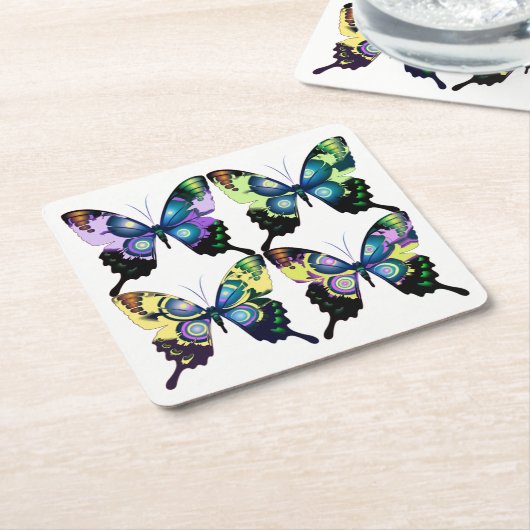 アクア、ピンク、黄色 – 蝶エレガント類 スクエアペーパーコースター (アングル)