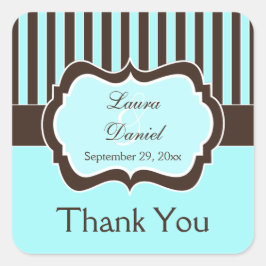 アクア、ブラウン、ホワイトストライプの結婚式の引き出物ステッカー スクエアシール