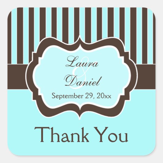 アクア、ブラウン、ホワイトストライプの結婚式の引き出物ステッカー スクエアシール (正面)