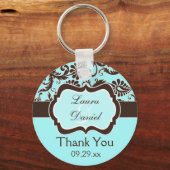 アクア、ブラウン、ホワイトダマスクの結婚式のお気に入りキーチェーン キーホルダー (正面)