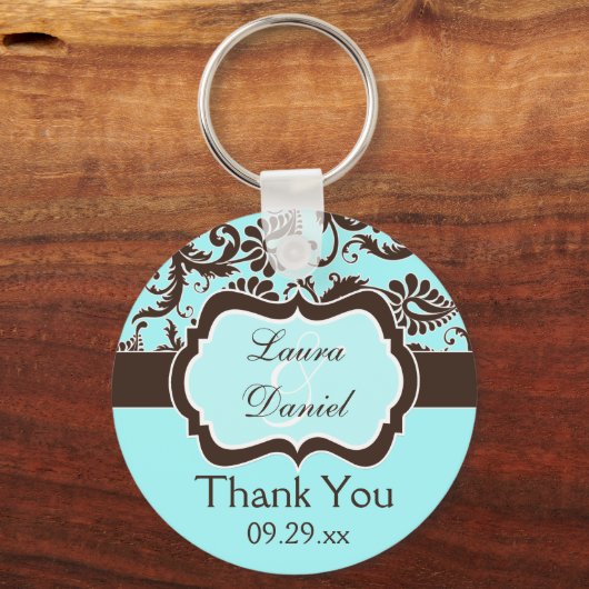 アクア、ブラウン、ホワイトダマスクの結婚式のお気に入りキーチェーン キーホルダー (正面)