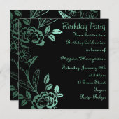 アクア&ブラックバラリーフ誕生日招待状 招待状 (正面/裏面)