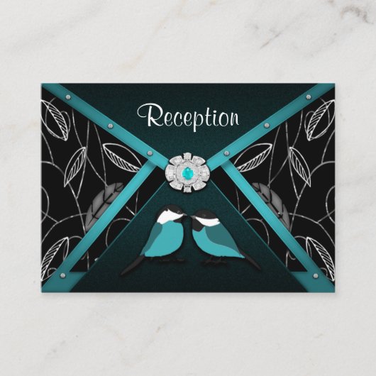 アクア&ブラックラブバードウェディングレセプションカード エンクロージャーカード (正面)