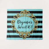 アクア ブラック ゴールド ストライプ バースデー パーティー バックドロップ タペストリー (正面(横))