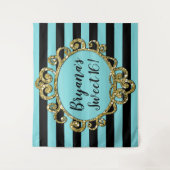 アクア ブラック ゴールド ストライプ バースデー パーティー バックドロップ タペストリー (正面)