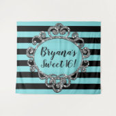 アクア ブラック シルバー ストライプ バースデー パーティー 背景 タペストリー (正面(横))