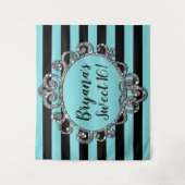 アクア ブラック シルバー ストライプ バースデー パーティー 背景 タペストリー (正面)