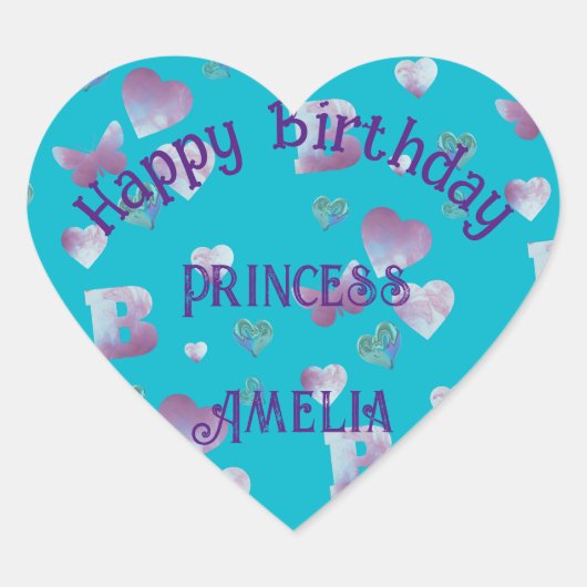 アクア/ブルーグリーン、ピンクのハートと蝶バルーン ハートシール (正面)