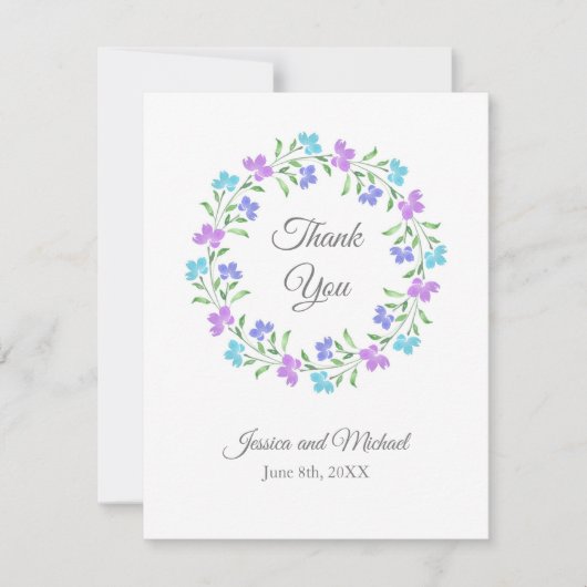 アクア、ペリウィンクル、パープルウォーターのカラーフローラリース サンキューカード (正面)