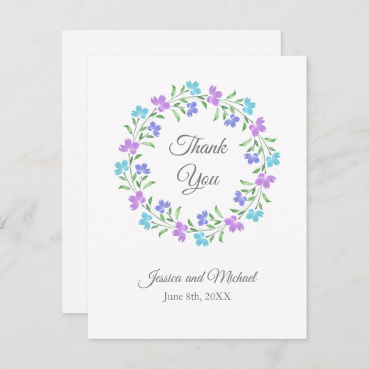 アクア、ペリウィンクル、パープルウォーターのカラーフローラリース サンキューカード (正面/裏面)