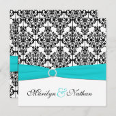 アクア、ホワイト、およびブラックダマスクスクエア招待状II 招待状 (正面/裏面)