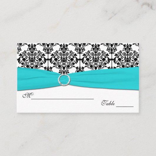 アクア、ホワイト、ブラックのダマスクプレイスカード プレイスカード (正面)