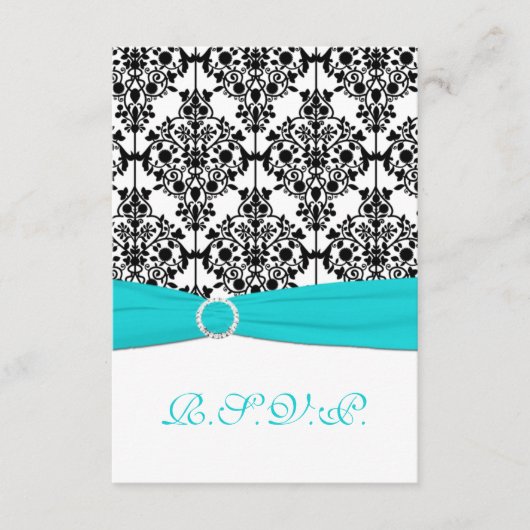 アクア、ホワイト、ブラックのダマスク返信カード2 出欠カード (正面)