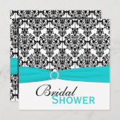 アクア、ホワイト、ブラックダマスクブライダルシャワー招待状 招待状 (正面/裏面)