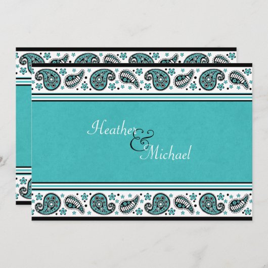 アクア、ホワイト、ブラックペイズリー結婚式招待状 招待状 (正面/裏面)