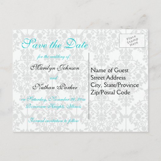 アクア、ホワイト、ブラック日付ポストカードの保存 案内ポストカード (裏面)