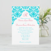 アクア、ホワイト、レッドダマスクモノグラムの招待状 招待状 (スタンド正面)
