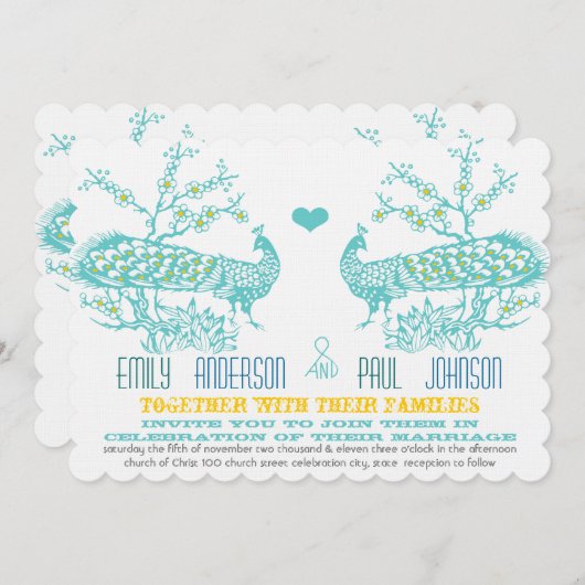 アクア&マスタードイエローピーコック結婚式招待状 招待状 (正面/裏面)