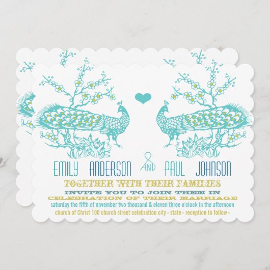 アクア&マスタードイエローピーコック結婚式招待状 招待状 (正面/裏面)