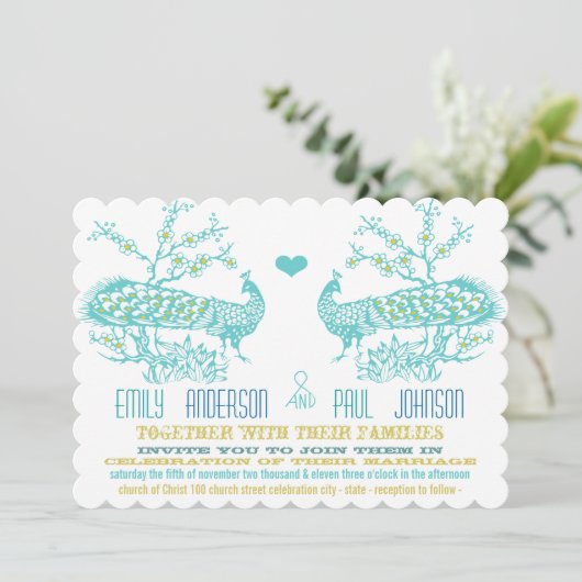 アクア&マスタードイエローピーコック結婚式招待状 招待状 (スタンド正面)