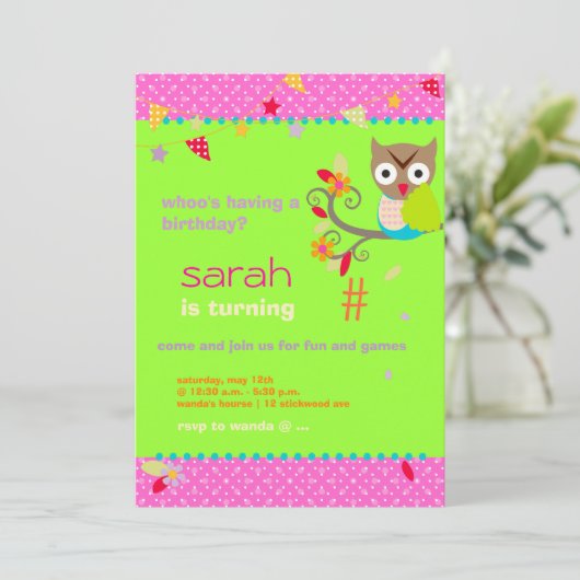 アクア/ライムフクロウパーソナライズされたバースデーパーティー 招待状 (スタンド正面)