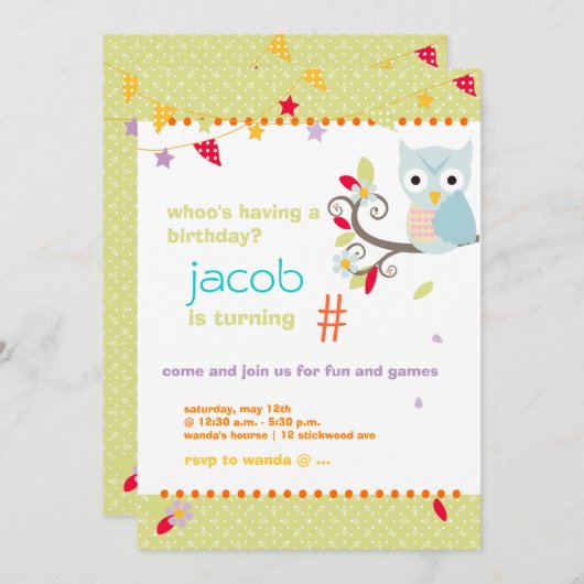 アクア/ライム·フクパーソナライズされたロウ誕生日パーティー 招待状 (正面/裏面)