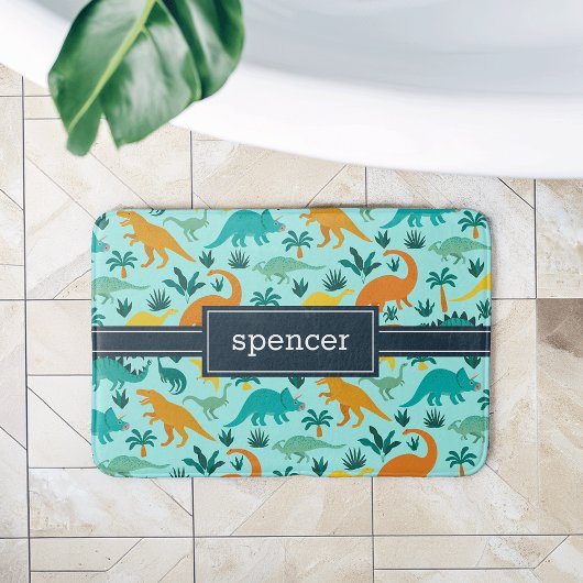 アクア |可愛いカラフル恐竜のパターン子供の名前 バスマット