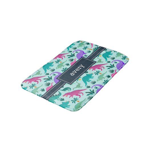 アクア |可愛いカラフル恐竜のパターン子供の名前 バスマット (アングル)