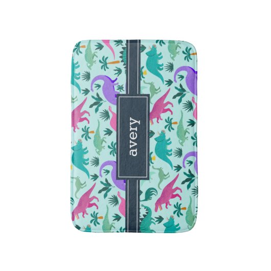 アクア |可愛いカラフル恐竜のパターン子供の名前 バスマット (正面縦)