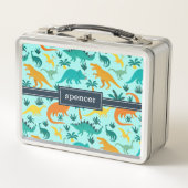 アクア |可愛いカラフル恐竜のパターン子供の名前 メタルランチボックス (正面)