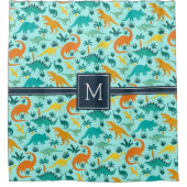 アクア |可愛いカラフル恐竜の柄キッドモノグラム シャワーカーテン (正面)