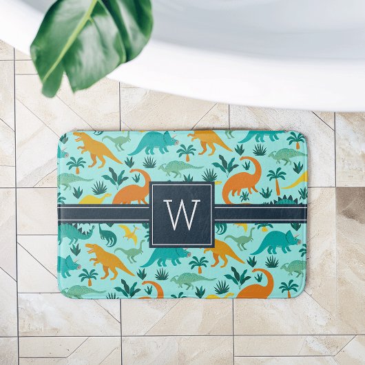 アクア |可愛いカラフル恐竜の柄キッドモノグラム バスマット
