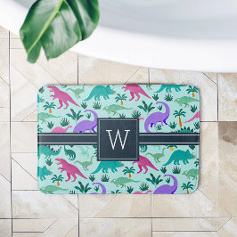 アクア |可愛いカラフル恐竜の柄キッドモノグラム バスマット