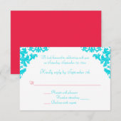 アクア、水色と赤のダマスク・RSVPカード 出欠カード (正面/裏面)