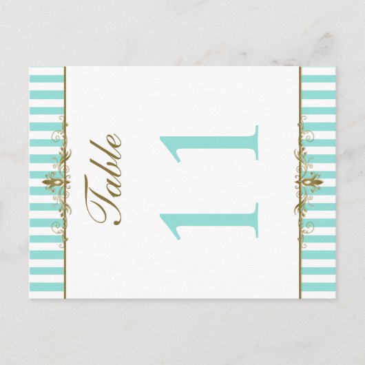 アクア、白い金ゴールドストライプがテーブル番号カードをスクロール ポストカード (正面)