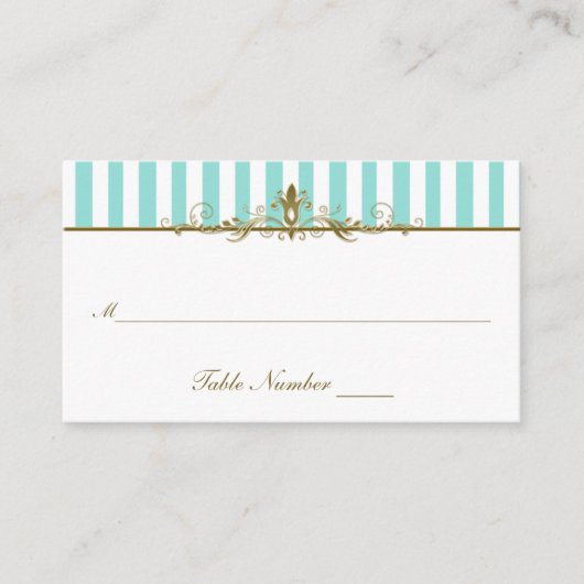 アクア、白ストライプ金ゴールドスクロールプレイスカード プレイスカード (正面)