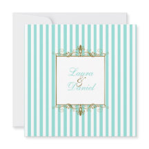 アクア、白ストライプ金ゴールドスクロール招待状