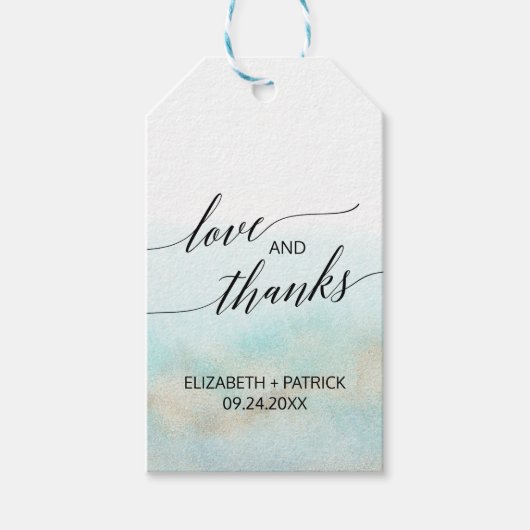 アクア&金ゴールドウォーターカラービーチ結婚式ラブ&感謝してい ギフトタグ (正面)