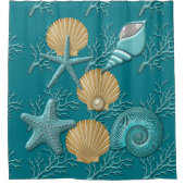 アクア&金ゴールドシーヘルズコーラルリーフ シャワーカーテン (正面)