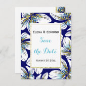 アクア、金ゴールドフォイルフローラネイビーウェディング日付を保存 案内ポストカード (正面/裏面)